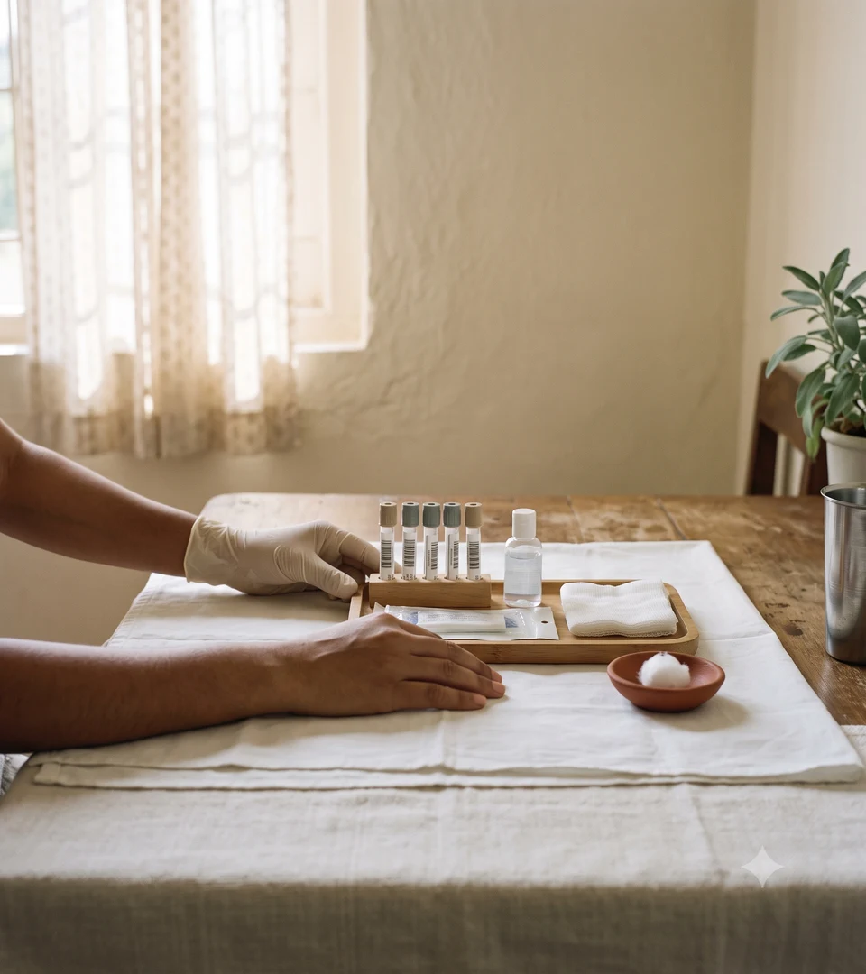 Home blood-collection kit laid out on a dining table in warm morning light — barcoded sample vials, sanitiser and gauze on a wooden tray, a gloved hand steadying it beside a patient's resting arm